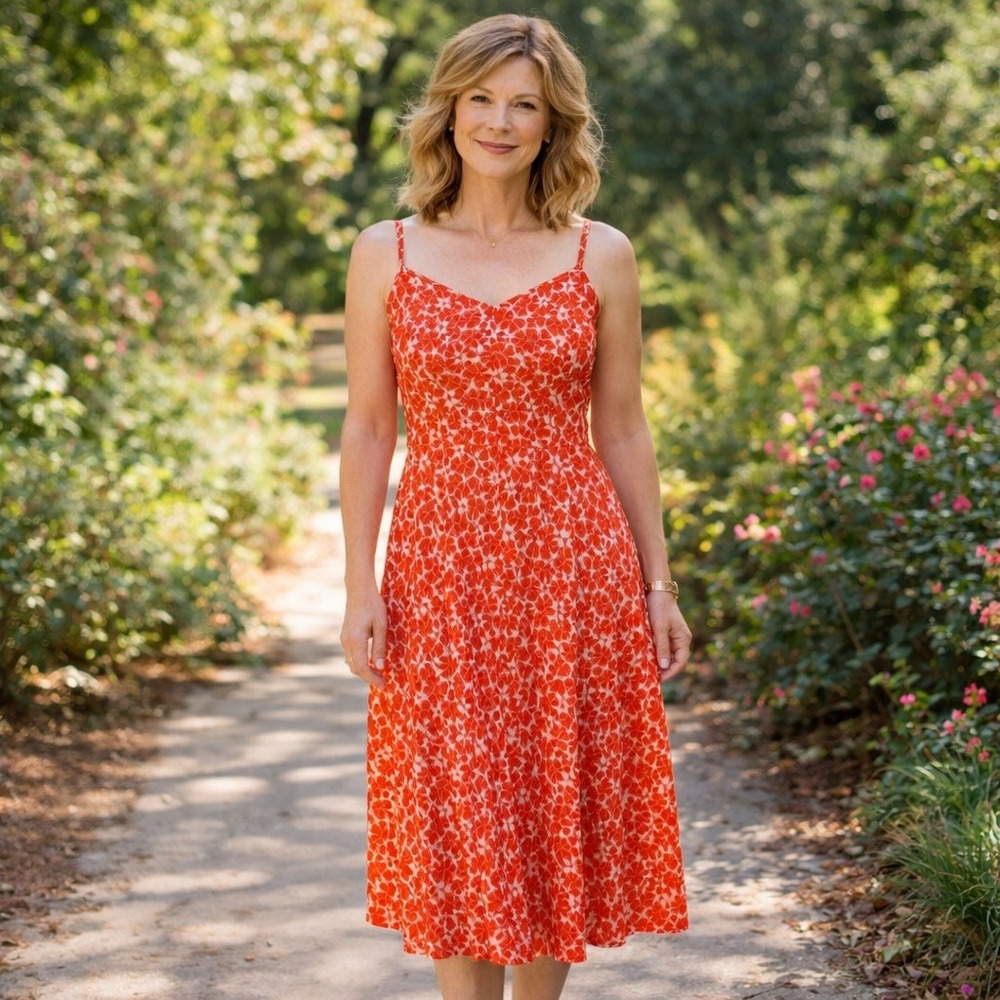 Lands End Floral‎ Dress Size Medium Petite 10-12 Summer Vacation Stretch Midi
